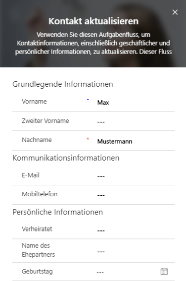 Zeigt einen Aufgabenflow in Dynamics 365 9.0 on-premise am Beispiel eines Kontakts, der aktualisiert werden soll.