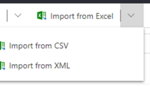 Screenshot zeigt einen Ausschnitt der Menüleiste mit den Buttons für den Standard Datenimport in Dynamics und Dataverse