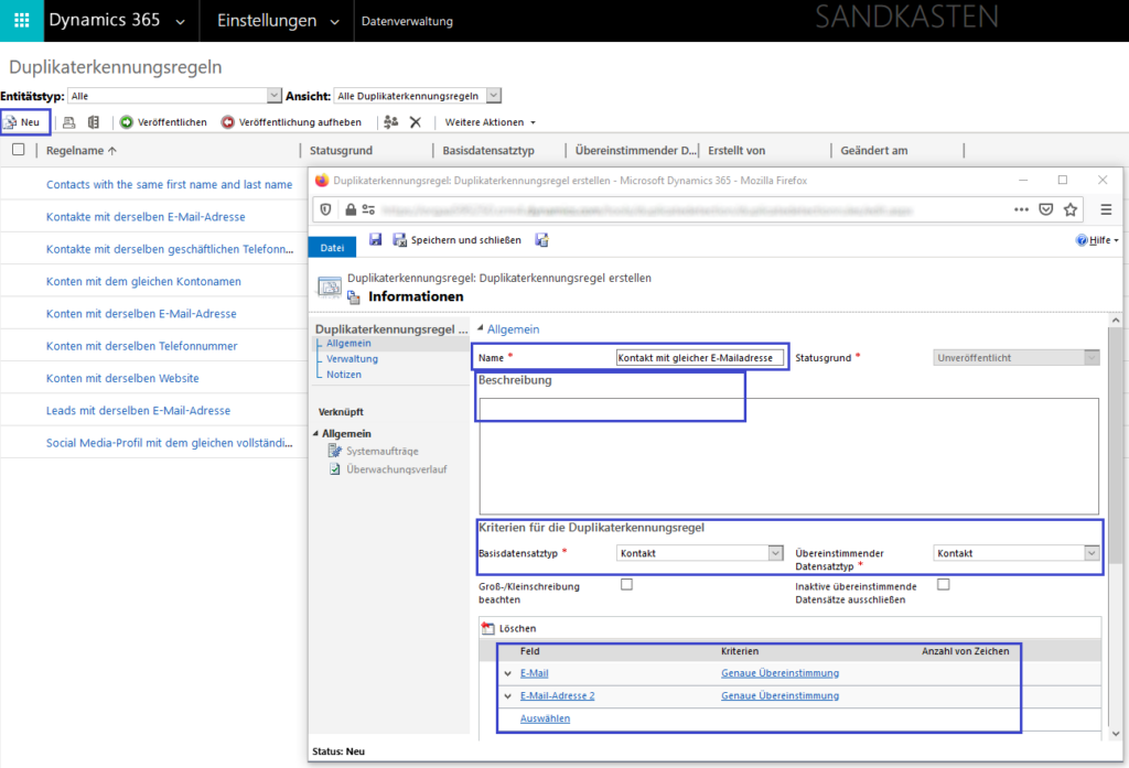 Einrichten der Duplikaterkennungsregeln: Name, basisdatensatztyp und Bedingungen