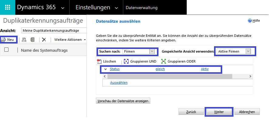 Einrichten der Duplikaterkennungsaufträge: Auswahl des Überprüften Datenpools