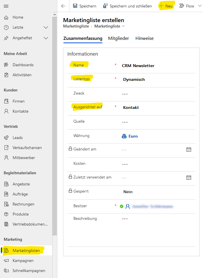 Zeigt das Formular der Marketinglisten, da diese Grundlage für das Kampagnenmanagement sind. Gelb hervorgehoben sind Pflichtfelder und Buttons, um eine neue Liste zu erstellen.