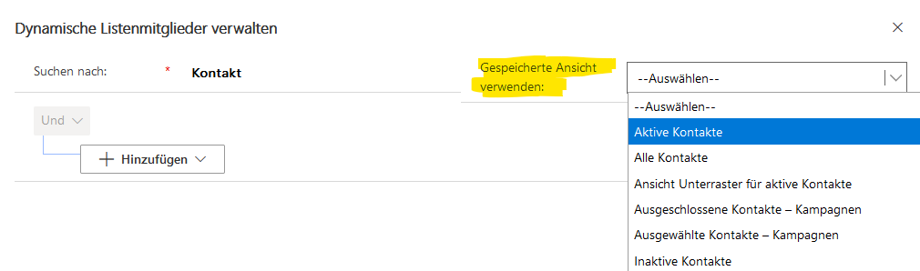 Zeigt das Dialogfeld, wenn bei dynamischen Marketinglisten auf "Mitglieder verwalten" geklickt wird