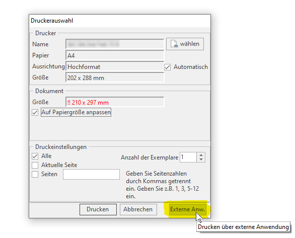 Neuerungen im Starke DMS: Screenshot zeigt den Druckdialog im DMS mit der neuen Option, um die Datei im Druckdialog von Adobe Acrobar Reader zu öffnen
