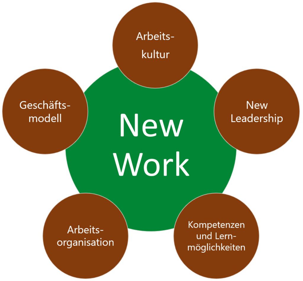 Die Abbildung visualisiert den Einfluss von New Work auf die Gesamtorganisation indem die Einflüsse um den Begriff "New Work" herum angeordnet werden. Die einzelnen Einflüsse sind Arbeitskultur. New Leadership, Kompetenzen und Lernmöglichkeiten, Arbeitsorganisation und Geschäftsmodell. 