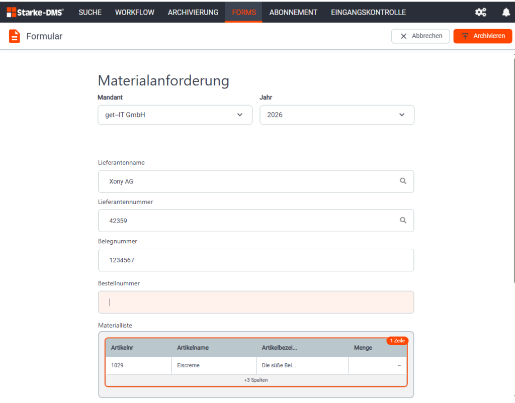 Screenshot einer Beispiel Materialanforderung erstellt mit mit Starke-DMS Forms