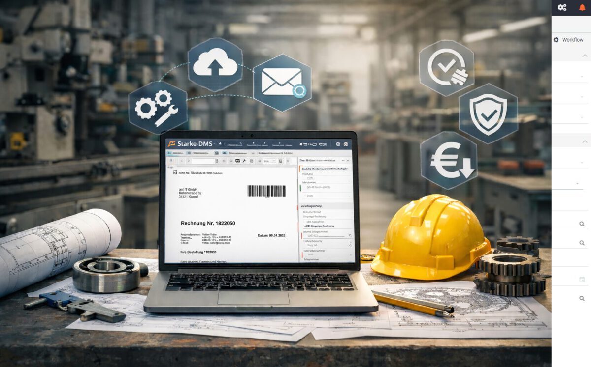 Symbolbild Starke DMS und Maschinenbau - Laptop im Werkstattumfeld mit Rechnung (KI generiert)