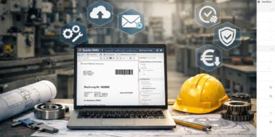 Symbolbild Starke DMS und Maschinenbau - Laptop im Werkstattumfeld mit Rechnung (KI generiert)